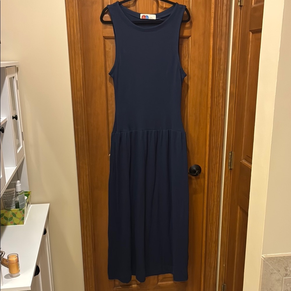 Free People Beach Blue Pleated Tall Maxi Dress oversized stretchy knit Boho L